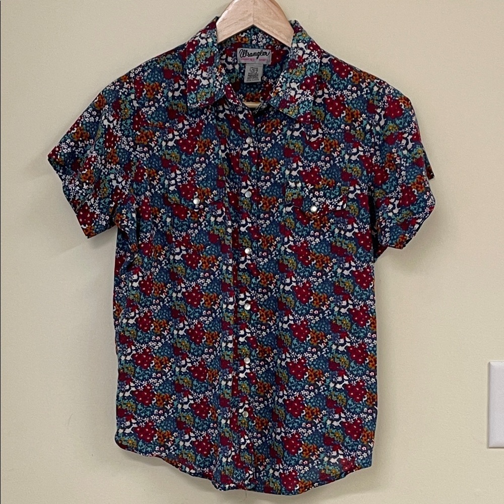 Wrangler Floral Pearl Snap Wrancher Shirt Large Western Rodeo Short Sleeve